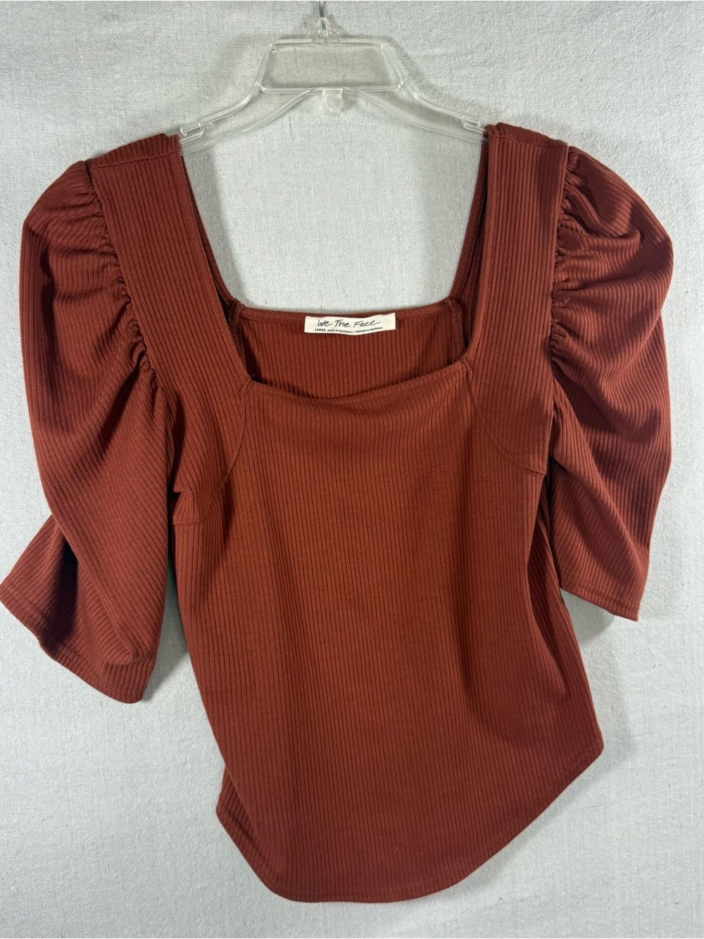 We The Free People Night Lily Ribbed Puff Sleeve Square Neck Top L Rust Brown